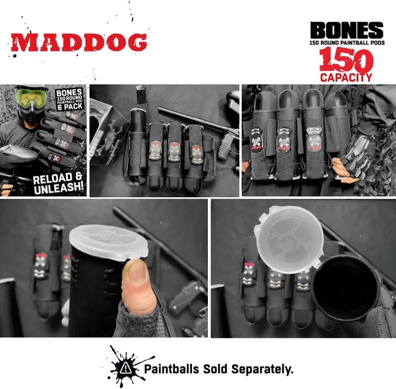 MAddog 150 Round Bones Paintball Pods | Durable Quick Reload Tubes for Tournament and Recreational Speedball Woodsball | 6 Pack - Image 2